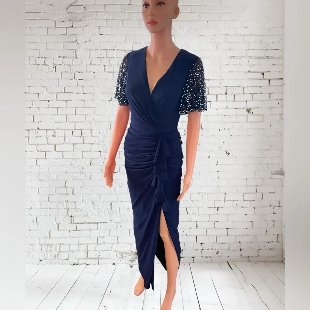 Betsy & Adam Navy Midi Dress with‎ Embellished Sleeves Sz. 4P
